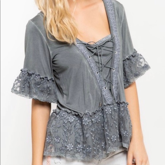 Vintage Style Lace Peplum String Tie Top In Ash - Picture 4 of 6